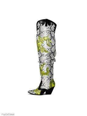 Thigh High Faux Snakeskin Cowboy Boots Chunky Heel Western